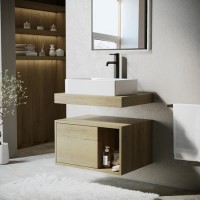 ONLY OPENED - 600mm Wood Effect Wall Hung Countertop Vanity Unit with Rectangular Basin and Shelf - Porto