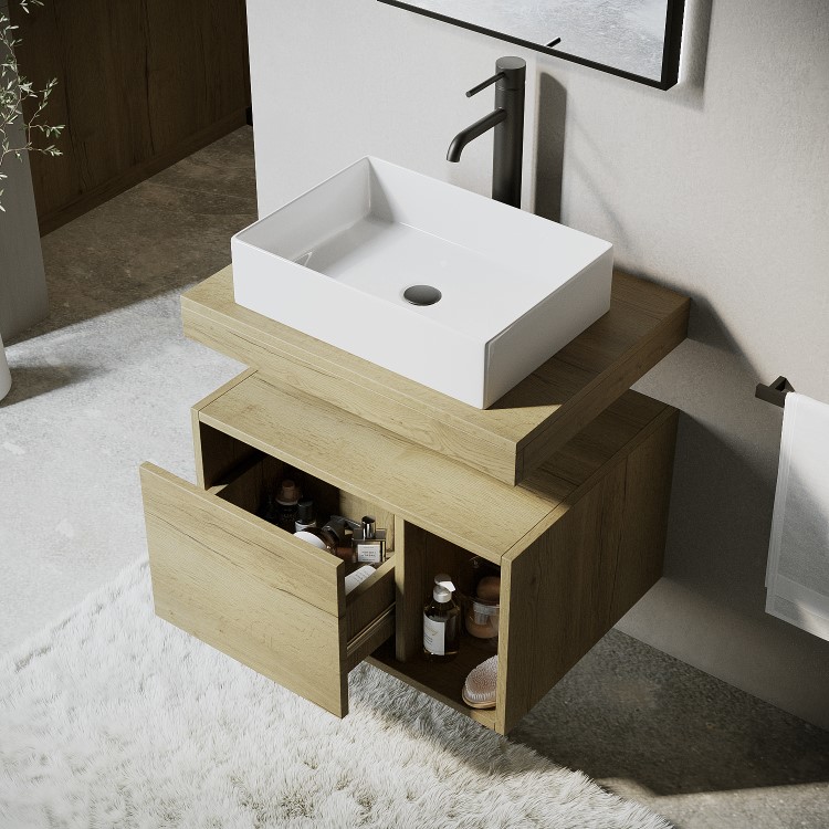 ONLY OPENED - 600mm Wood Effect Wall Hung Countertop Vanity Unit with Rectangular Basin and Shelf - Porto