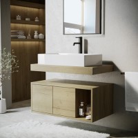 800mm Wood Effect Wall Hung Countertop Vanity Unit with Basin and Shelf - Porto