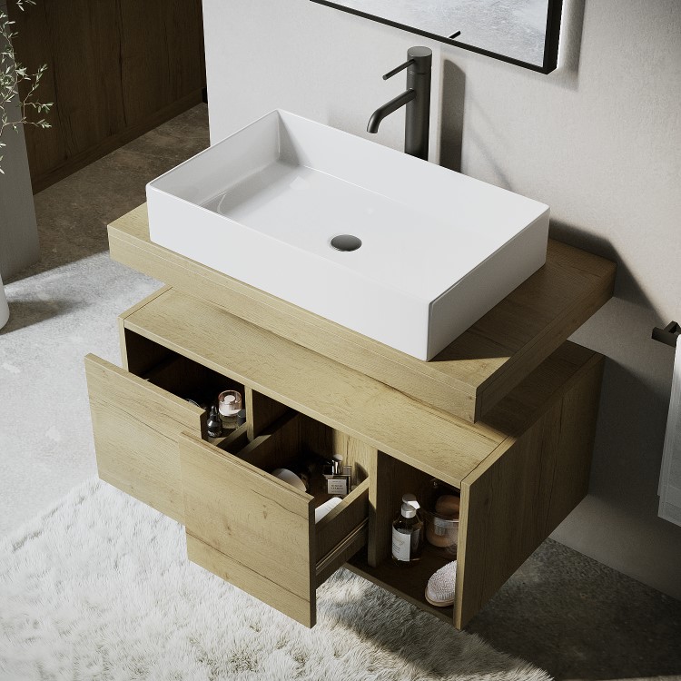 800mm Wood Effect Wall Hung Countertop Vanity Unit with Basin and Shelf - Porto