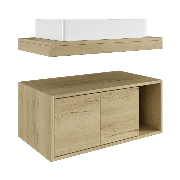 800mm Wood Effect Wall Hung Countertop Vanity Unit with Basin and Shelf - Porto