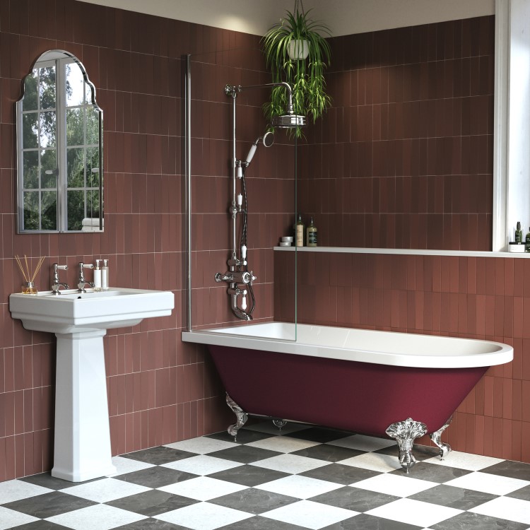 Burgundy Freestanding Single Ended Shower Bath with Chrome Screen & Feet 1670 x 740mm - Park Royal