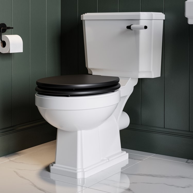 Close Coupled Traditional Low Level Short Projection Toilet with Wooden Soft Close Seat & Black Fittings - Park Royal