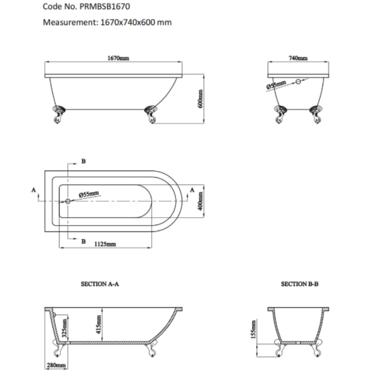 ONLY OPENED - Black Freestanding Single Ended Bath with Black Feet 1670 x 740mm - Park Royal