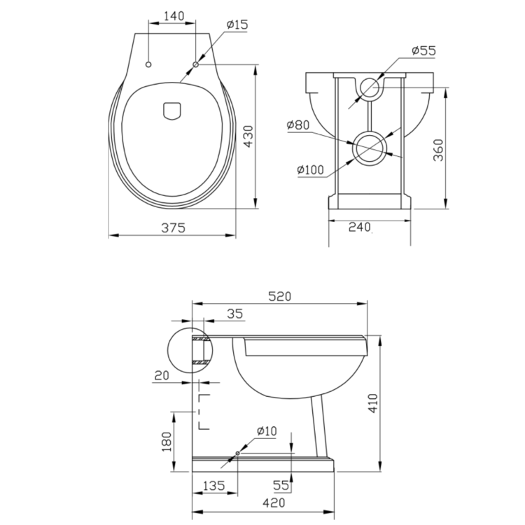 ONLY OPENED - Back to Wall Traditional Toilet with Wooden Soft Close Seat & Brass Hinges - Park Royal