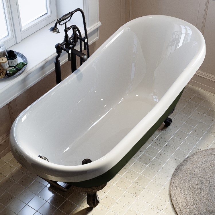 Dark Green Freestanding Single Ended Roll Top Slipper Bath with Black Feet 1615 x 690mm - Park Royal