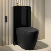 Matt Black Back To Wall Smart Bidet Japanese Toilet With Black Glass Cabinet, Frame, Cistern & Pneumatic Dual Flush Button - Purificare