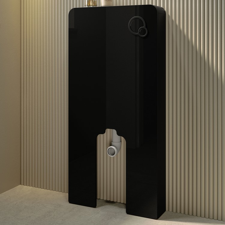 Matt Black Back To Wall Smart Bidet Japanese Toilet With Black Glass Cabinet, Frame, Cistern & Pneumatic Dual Flush Button - Purificare