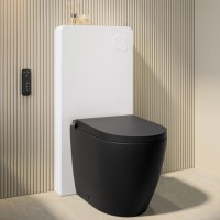 Matt Black Back To Wall Smart Bidet Japanese Toilet With White Glass Cabinet, Frame, Cistern & Pneumatic Dual Flush Button - Purificare
