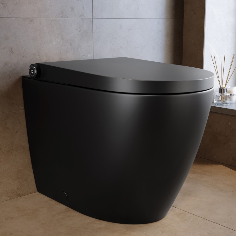 Matt Black Back To Wall Smart Bidet Japanese Toilet With White Glass Cabinet, Frame, Cistern & Pneumatic Dual Flush Button - Purificare