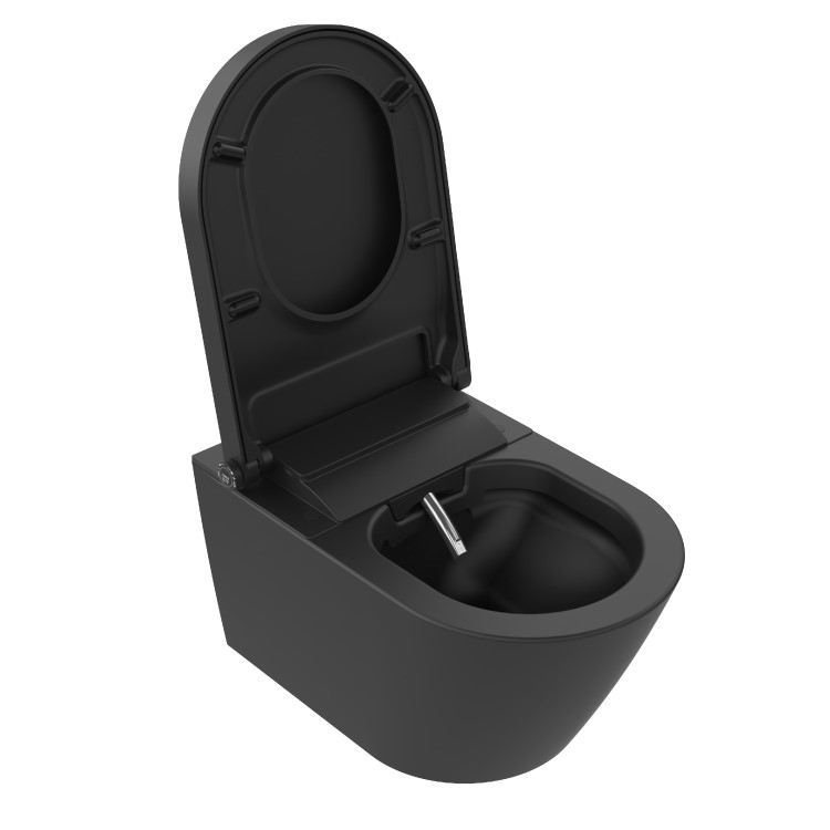 Matt Black Wall Hung Smart Bidet Japanese Toilet With White Glass Cabinet, Frame, Cistern & Pneumatic Dual Flush Button - Purificare