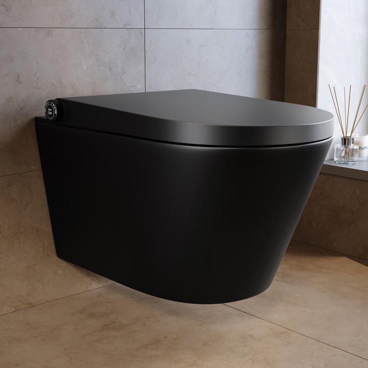 Matt Black Wall Hung Smart Bidet Japanese Toilet & 1160mm Frame Cistern with Black Glass Sensor Pneumatic Flush Plate - Purificare