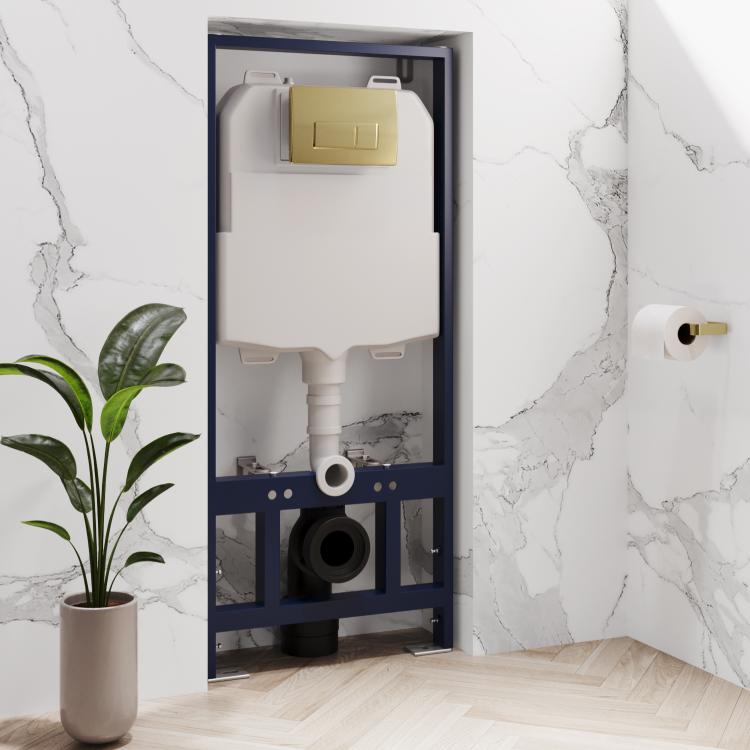 Matt Black Wall Hung Smart Bidet Japanese Toilet & 1160mm Frame Cistern with Brushed Brass Pneumatic Flush Plate - Purificare