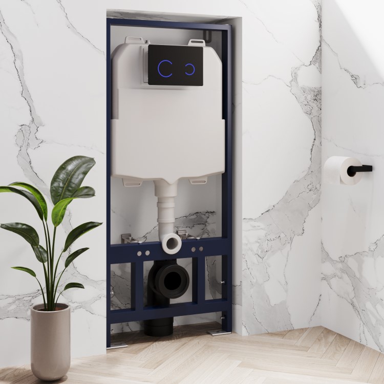 Matt Black Wall Hung Smart Bidet Japanese Toilet & 1160mm Frame Cistern with Black Glass Sensor Pneumatic Flush Plate - Purificare