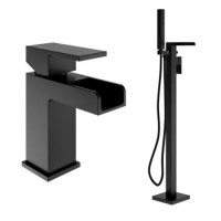 Black basin tap and freestanding bath filler tap pack - Quadra