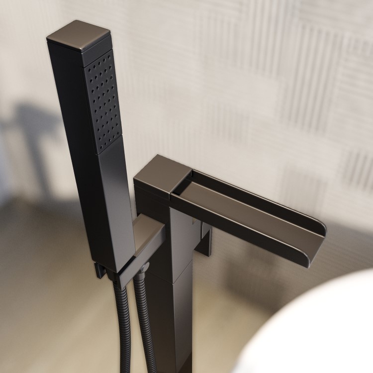 Black Freestanding Waterfall Bath Shower Mixer Tap - Quadra