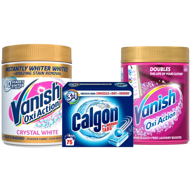 Calgon Washing Machine Tablets x75 Vanish Stain Remover Powder 470g & Vanish Whites Stain Remover 470g Bundle
