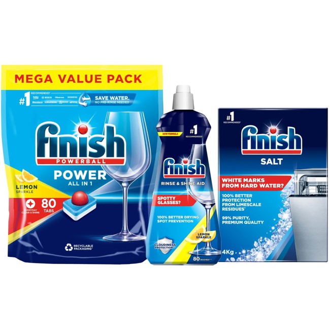 Finish Dishwasher Tablets x80 Rinse & Shine Aid 400ml And Salt 4kg Bundle