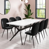 White Gloss Dining Table with 6 Black Velvet Dining Chairs - Rochelle