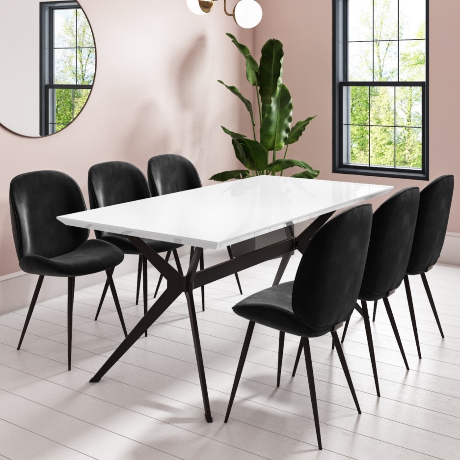 Rochelle White High Gloss Dining Table with Black Legs with 6 Jenna