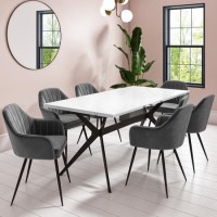 White Gloss Dining Table with 6 Logan Grey Velvet Dining Tub Chairs - Rochelle