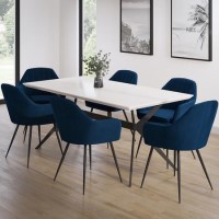 White Gloss Dining Table Set with 6 Navy Velvet Chairs - Seats 6 - Rochelle White Gloss Dining Table Set with 6 Navy Velvet Chairs - Seats 6 - Rochelle