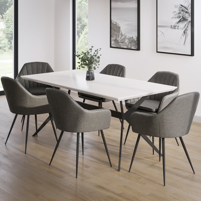 White Gloss Dining Table Set with 6 Dove Grey Faux Leather Chairs - Seats 6 - Rochelle