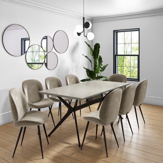 Taupe High Gloss Dining Table with 8 Mink Velvet Dining Chairs - Rochelle