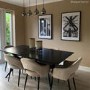 Black Oak Dining Table Set with 6 Beige Upholstered Chairs - Seats 6 - Rochelle