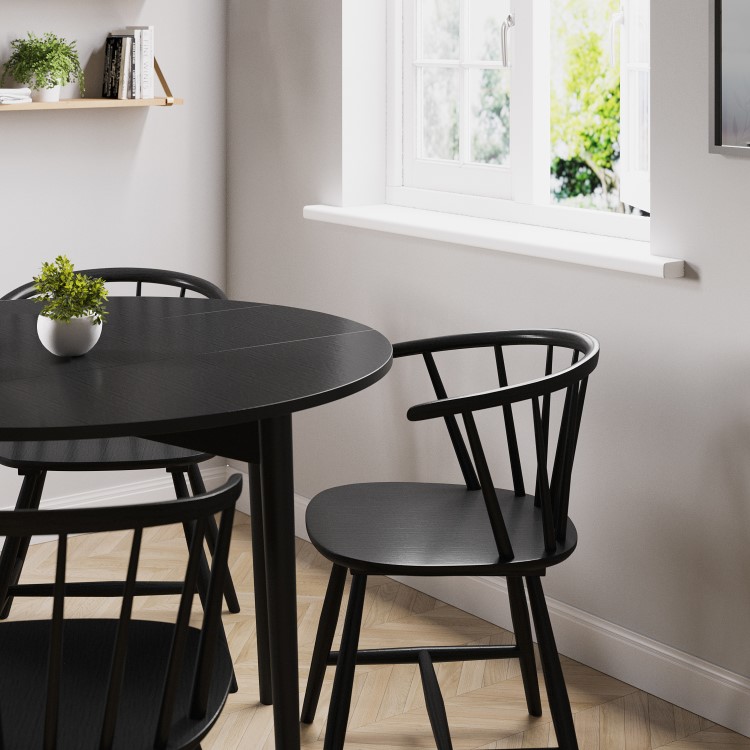 Round Black Folding Drop Leaf Dining Table with 4 Curved Wooden Spindle Dining Chairs - Rudy