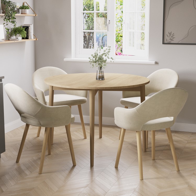 Small Oak Drop Leaf Dining Table Set with 4 Beige Upholstered Chairs - Seats 4 - Rudy