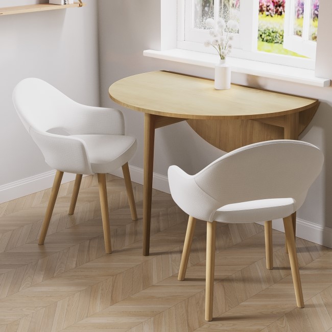 Round Oak Drop Leaf Dining Table with 2 Cream Recycled Fabric Dining Chairs - Rudy