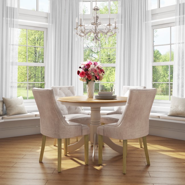 Rhode Island Round White Dining Table with 4 Natural Velvet Dining Chairs