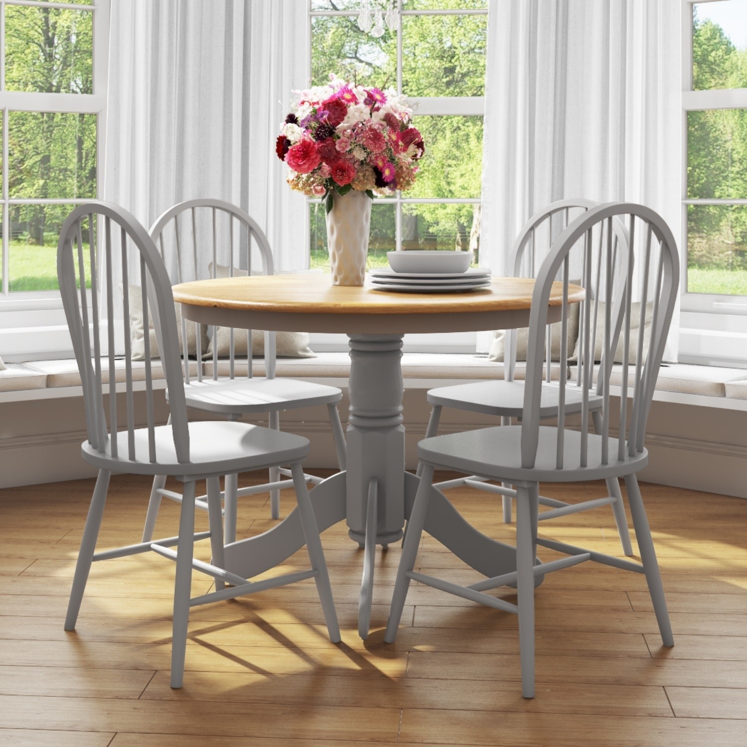 Round Dining Table With 4 Chairs In Grey With Oak Finish Rhode