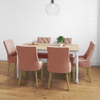 Large Extendable Dining Table in Wood & White with 6 Velvet Chairs in Pink - Rhode Island & Kaylee Large Extendable Dining Table in Wood & White with 6 Velvet Chairs in Pink - Rhode Island & Kaylee