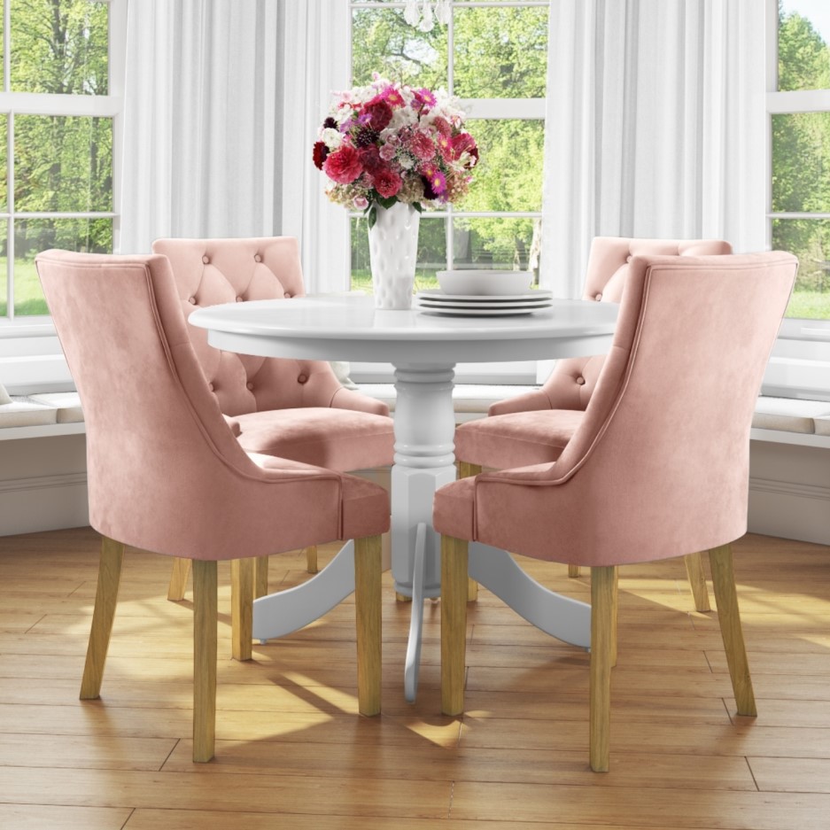 Small Round Dining Table in White with 4 Velvet Chairs in Pink - Rhode
