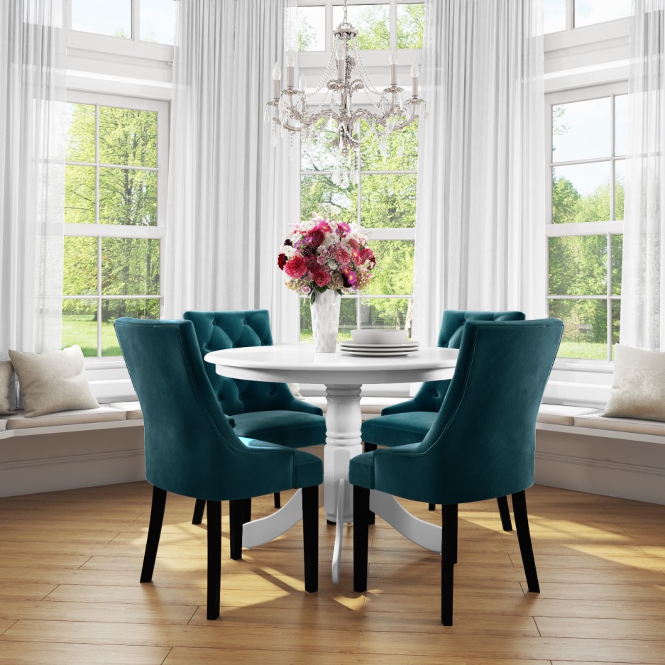 Small Round Dining Table in White with 4 Velvet Chairs in Teal Blue