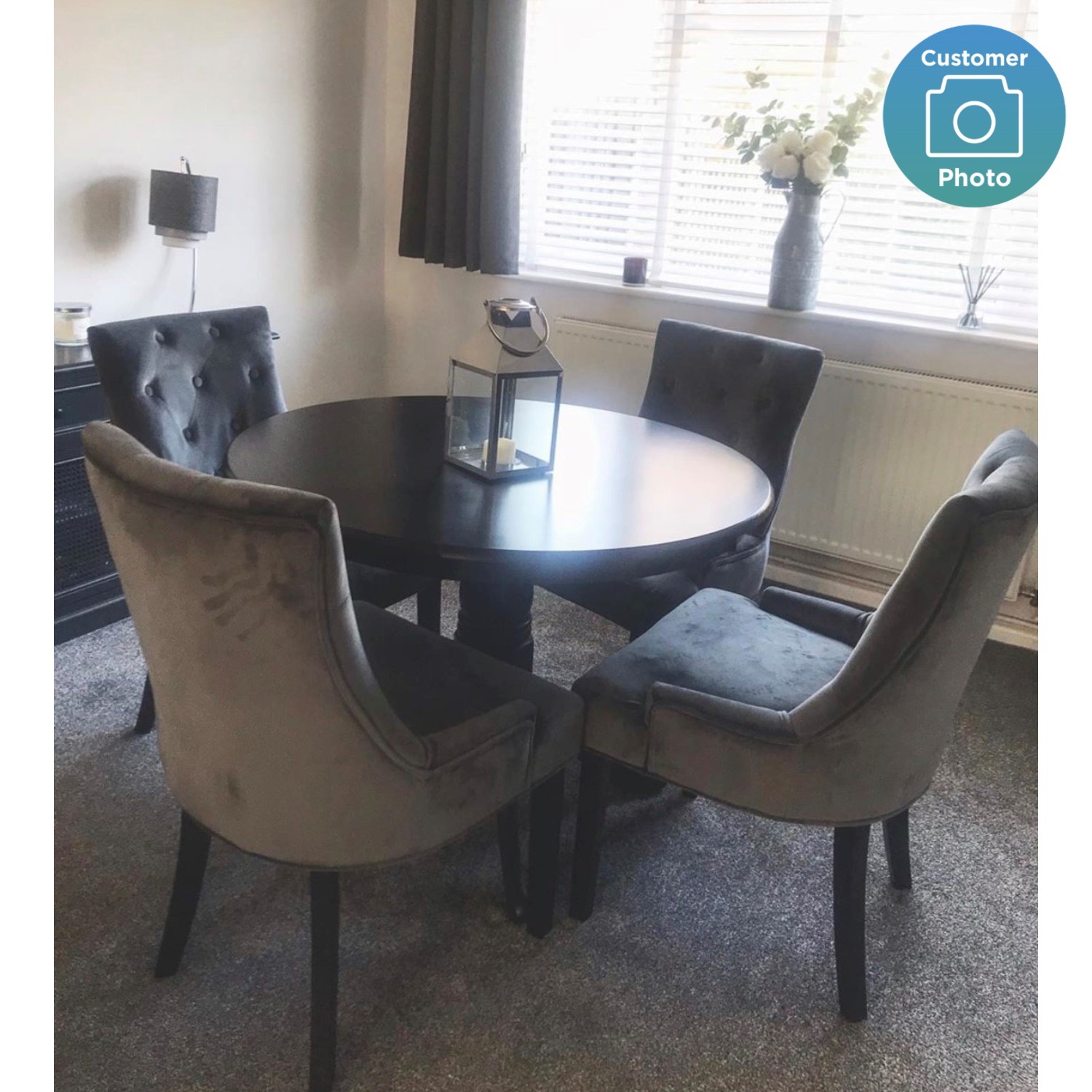 Small Round Dining Table In Black With 4 Velvet Chairs Grey Rhode Island Kaylee Itdirect Ie Small Round Dining Table In Black With, Round Dining Table And Chairs For 4 Ireland
