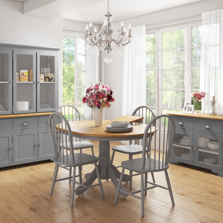 Round Extendable Dining Table Set with 4 Grey Wooden Dining Chairs - Rhode Island