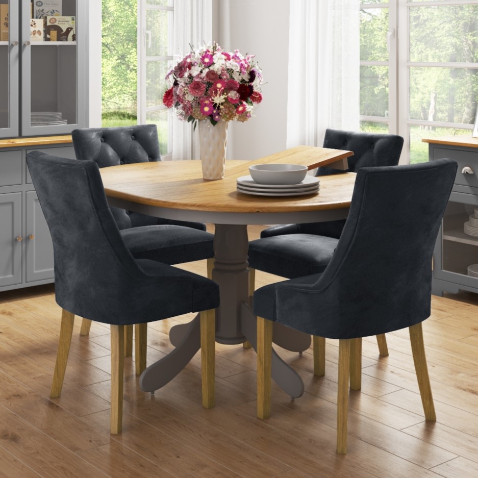 Round Extendable Dining Table with 4 Velvet Chairs in Grey & Oak Finish