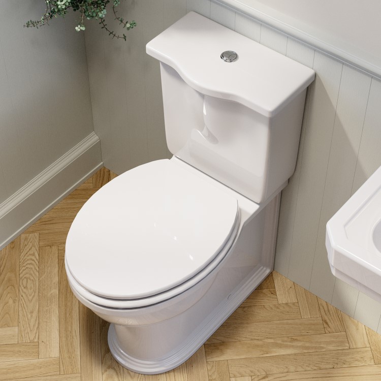Close Coupled Rimless Toilet with Wooden Soft Close Seat and Chrome Fittings - Ripley