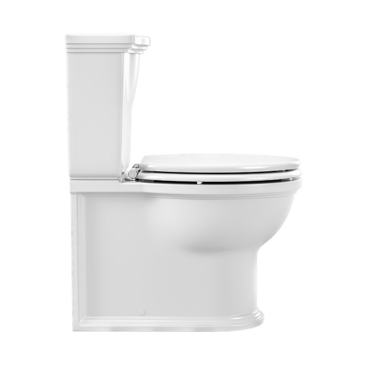 Close Coupled Rimless Toilet with Wooden Soft Close Seat and Chrome Fittings - Ripley