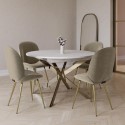 BUN/RNE001/87519 Round to Oval White Marble Effect Extendable Dining Table Set with 4 Mink Velvet Chairs - Seats 4 - Reine