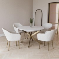 Round to Oval White Marble Effect Extendable Dining Table Set with 4 Cream Boucle Chairs - Seats 4 - Reine Round to Oval White Marble Effect Extendable Dining Table Set with 4 Cream Boucle Chairs - Seats 4 - Reine