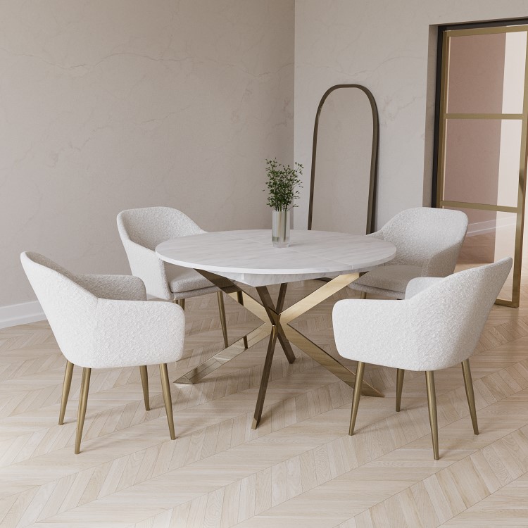 Round to Oval White Marble Effect Extendable Dining Table Set with 4 Cream Boucle Chairs - Seats 4 - Reine