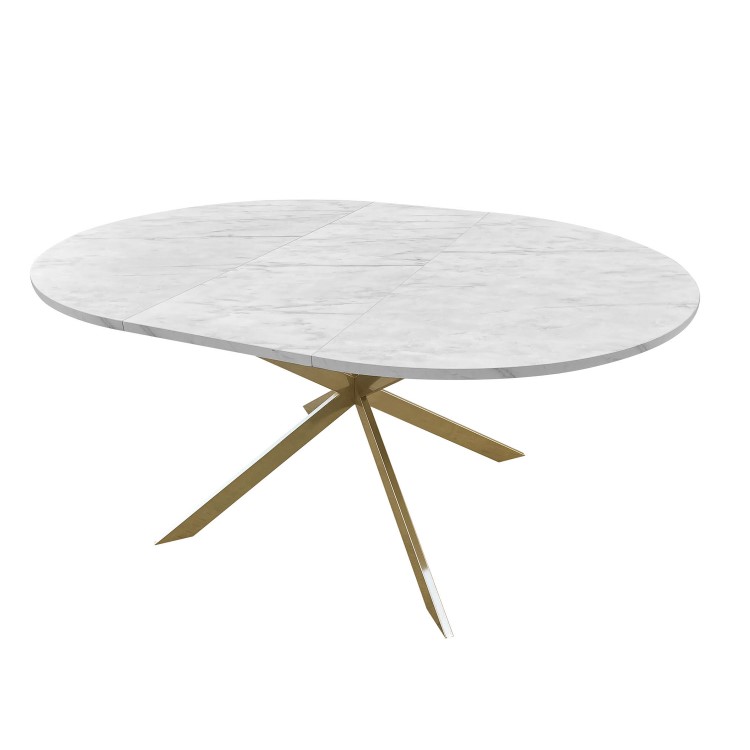 Round to Oval White Marble Effect Extendable Dining Table Set with 4 Cream Boucle Chairs - Seats 4 - Reine