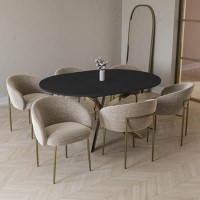 Black Round to Oval Dining Table Set with 6 Mink Dining Chairs - Seats 6 - Reine Black Round to Oval Dining Table Set with 6 Mink Dining Chairs - Seats 6 - Reine