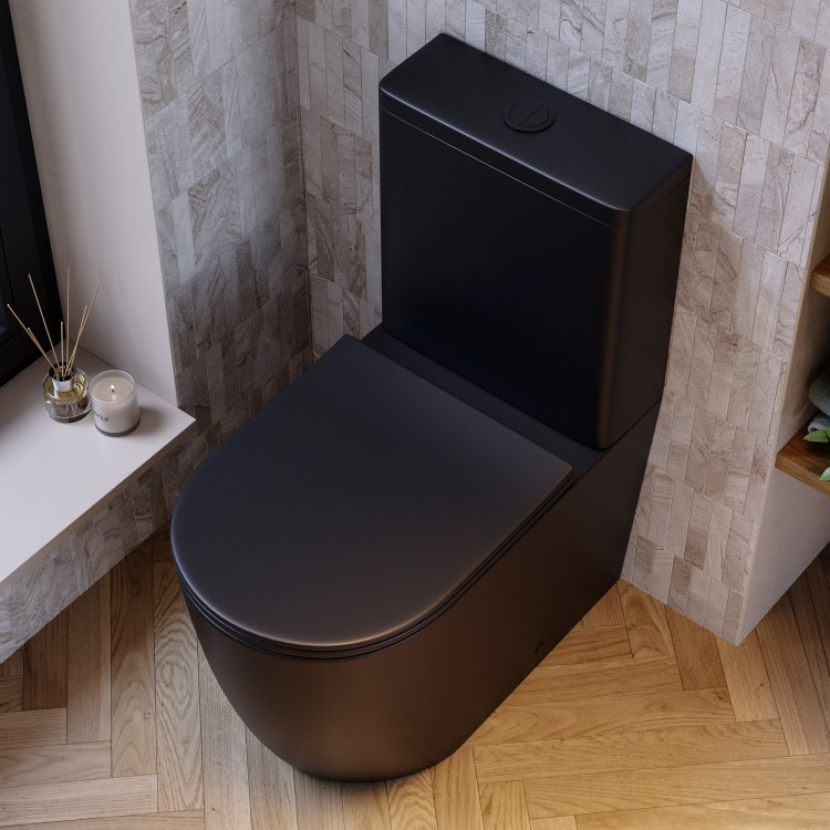 Matt Black Close Coupled Rimless Toilet with Soft Close Seat - Roma