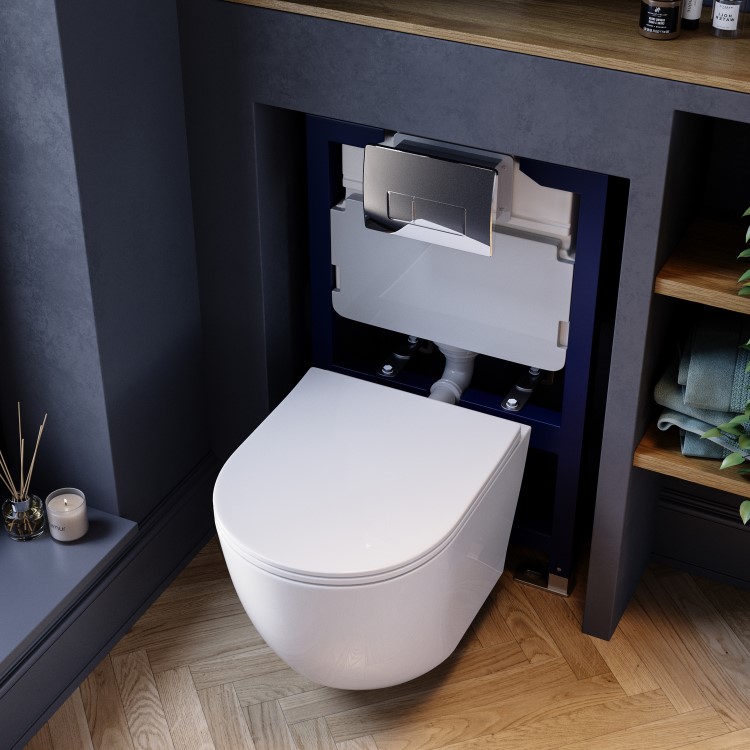 Wall Hung Rimless Toilet with Soft Close Seat, Chrome Pneumatic Flush Plate, 820mm Frame & Cistern – Roma
