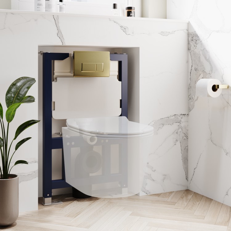 820mm Wall Hung Toilet Frame & Brass Pnuematic Dual Flush Plate with Concealed Cistern - Elira